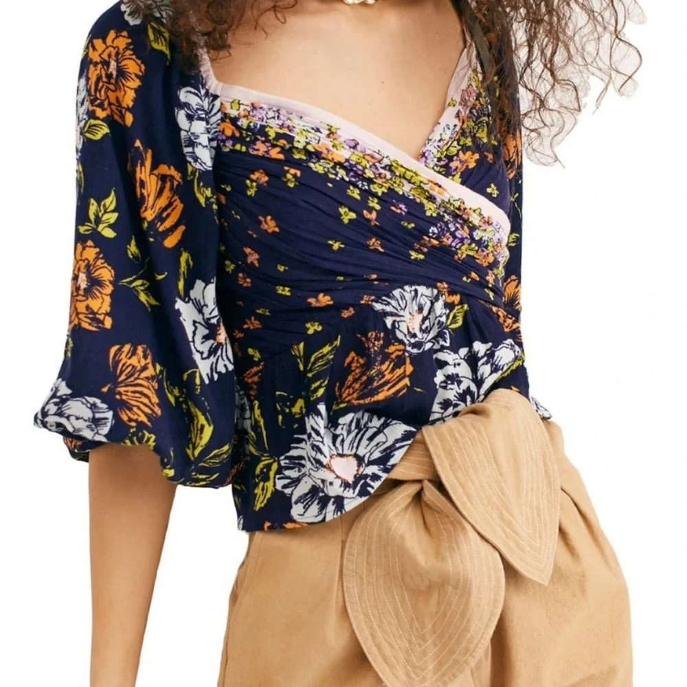 Free People Mirabella Floral Faux Wrap Smocked Puff Sleeve Blouse